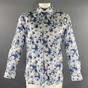 TED BAKER Size L Blue White Floral Cotton Button Up Long Sleeve Shirt